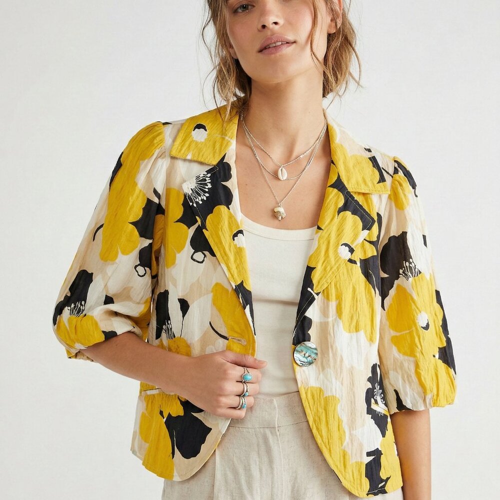 Karen Kane Jacket Yellow Floral Puff Sleeve Boho Coquette L